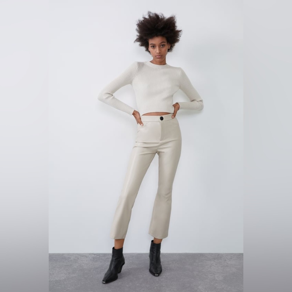 ZARA cream faux leather cropped flared pants M